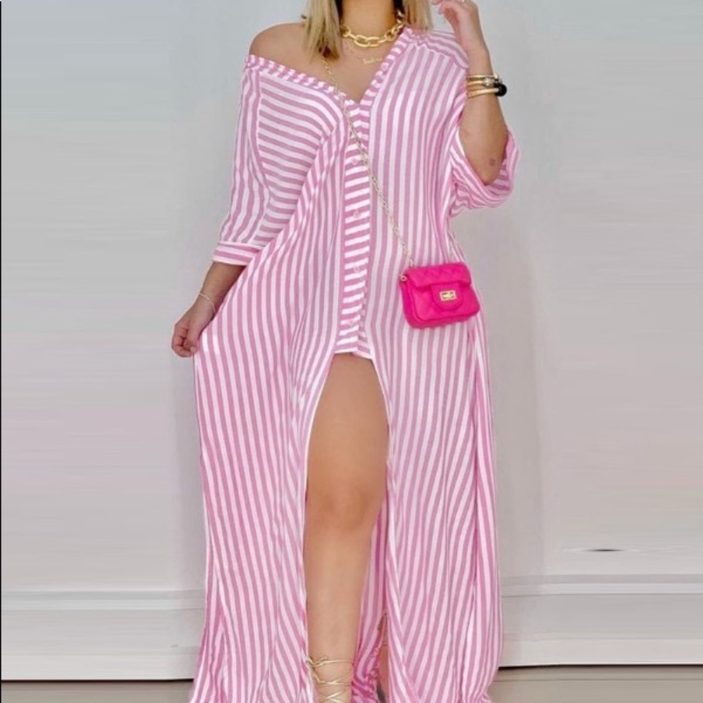 Striped Button Design High Slit Maxi Dress